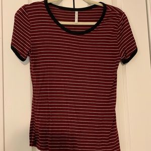 Burgundy, black, and white striped top